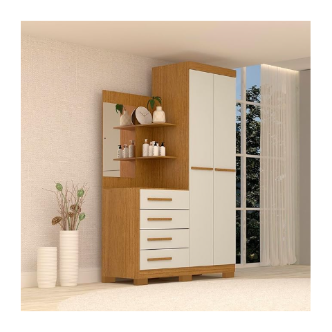 Guarda-roupa Solteiro 2 Portas 4 Gavetas com Espelho Melissa Nature Off White Cod:641.033