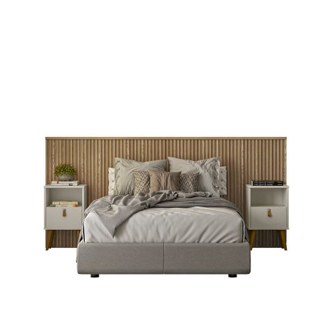 Conjunto Cabeceira Casal em Ripado Ilhabela com 2 Mesas de Cabeceira Búzios e Par de Frame Linea Bra