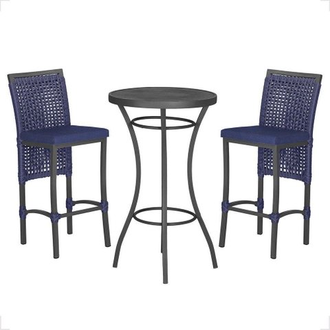 Mesa Bistrô 2 Banquetas Roma Preta Corda Estofado 10 Trama Azul