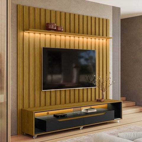 Rack com Painel Ripado para TV até 70 Polegadas com LED MDF 177CMX218CM London e Loop com Rodízios