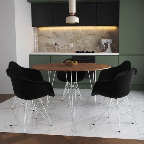 Mesa Jantar Redonda 110cm Amêndoa Clips 3 Pés com 5 Poltronas Pretas Ferro Branco Marrom