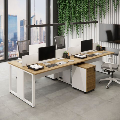 Plataforma 2 Gav. e Divisória 4 Pessoas 3,00m Mbr Pés Metal Cor:macadâmia com Branco