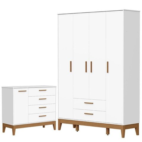 Guarda Roupa Infantil Flip 4 Portas com Cômoda Sapateira Infantil Flip Branco Acetinado - Reller