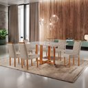 Ver imagem 1 de Conjunto Sala de Jantar 6 Lugares Florida Mesa 1.60m e 6 Cadeiras Madeira Maciça Linho Areia