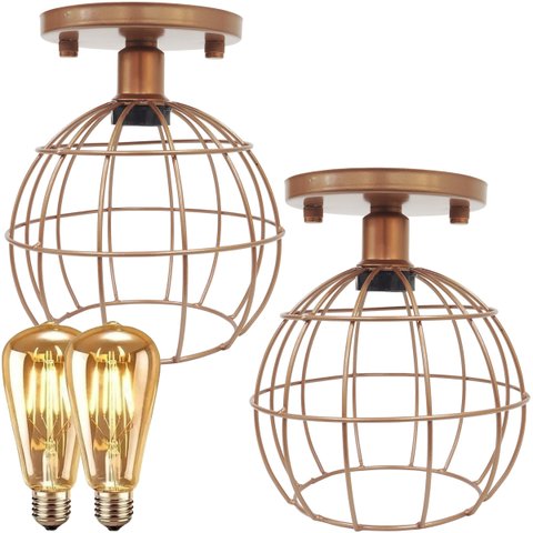 2 Lustre Teto Plafon + 2 Lâmpada Led St64 Industrial Aramado Globo Retrô Luminária Vintage - Cobre R