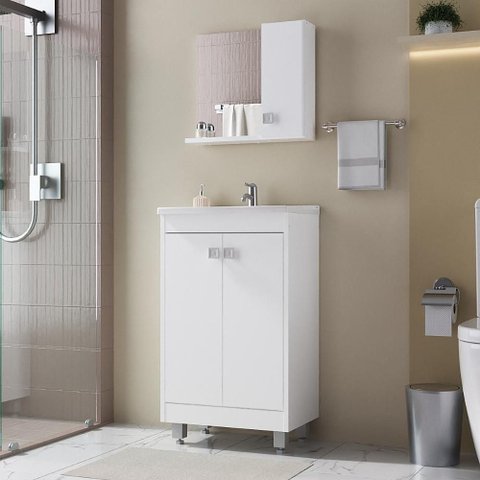 Conjunto de Banheiro Gabinete Lima 45cm com Cuba + Espelheira, 3 Portas C00450 Cor Branco - Ozini