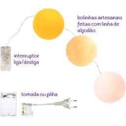 Bolinhas de Luz Cormilu Led, À Pilha, 10 Bolas (amarelo e Branco) 1.5m - 4