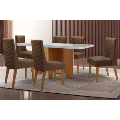 Conjunto: Mesa de Cozinha Nevada c/ Tampo Madeirado c/ Vidro Canto Curvo 180x90cm e 6 Cadeiras Dafne
