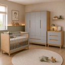 Ver imagem 1 de Berço Cômoda e Guarda Roupa Infantil Conjunto para Quarto de Bebê Cinza com Carvalho Quater