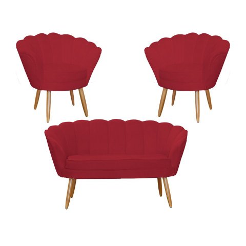 Kit Namoradeira + 2 Poltronas Decorativa Pétala Suede Vermelho Pés Madeira Ms Decor