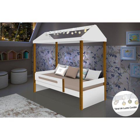Cama Infantil Solteiro Design Montessoriana Sara com Led Divaloto - Branco/amêndoa