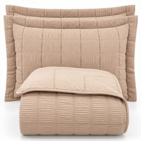 Kit Cobre Leito Linen Casal Micropercal 300 Fios Matelassê Colcha 3 Peças Efeito Creponado Areia
