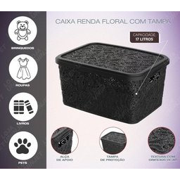 Caixa Organizadora Uninjet Tampa Floral 17l:Preto - 3