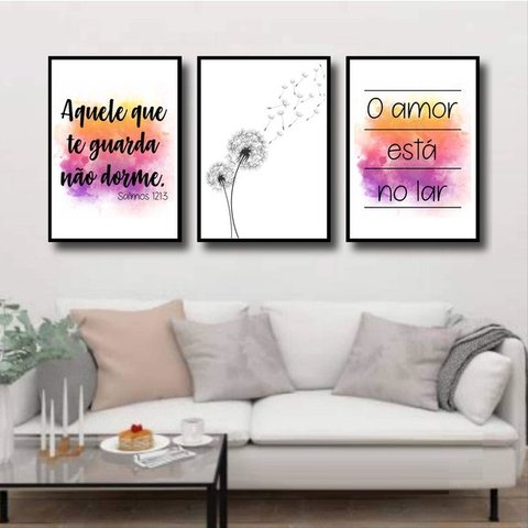 Kit 3 Quadros Salmo 1213 - Amor Está no Ar 24x18cm - com vidro:Madeira preta
