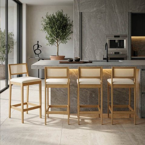 Banqueta Cozinha Alta Madeira Castanho Kit 4 Encosto Palhinha Austria I03 - D'Rossi