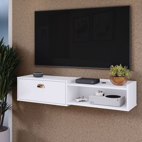 Rack Home Suspenso 1.20 Estante Tv 42" Bancada Flutuante 1 Porta Nicho Decoração Sala Quarto Retrô