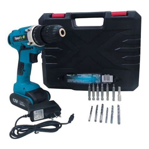 Parafusadeira Furadeira Bateria Espaçofix Maleta com 13 Peças 12v