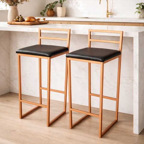 Kit 2 Banqueta Alta Industrial Moderna Rose Gold P/ Balcão, Bistro, Cozinha Assento Preto