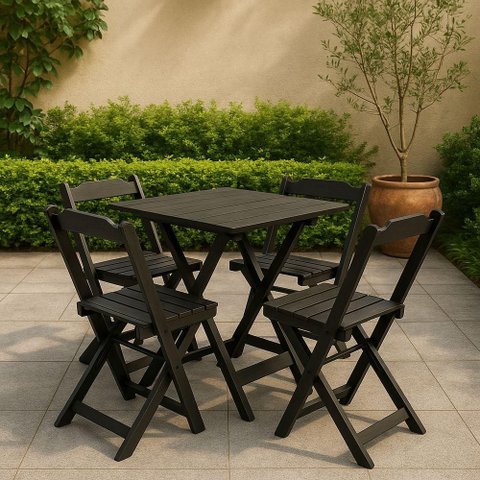 Conjunto Mesa Dobrável 70x70 Tampo Madeira e 4 Cadeiras Dobrável Retrátil Preto