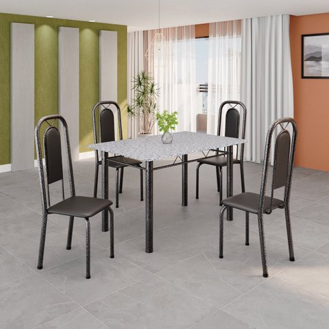 Conjunto de Mesa Tubular 120cm x 75cm Tampo Granito Ocre com 4 Cadeiras Lara Prata/Preto Liso/Mart