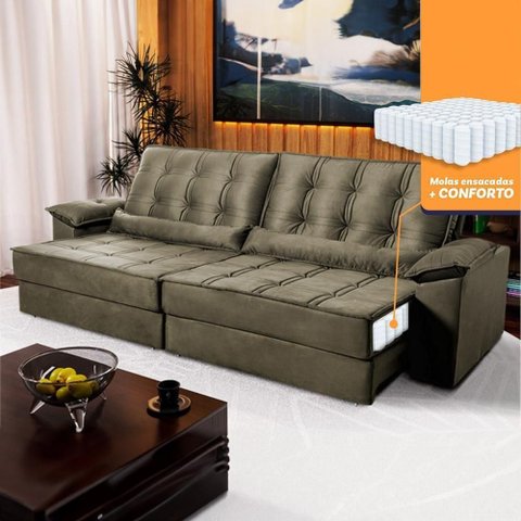 Sofá Retrátil Reclinável 2,30m Ascari Suede Velut Marrom Claro Molas Ensacadas - King House