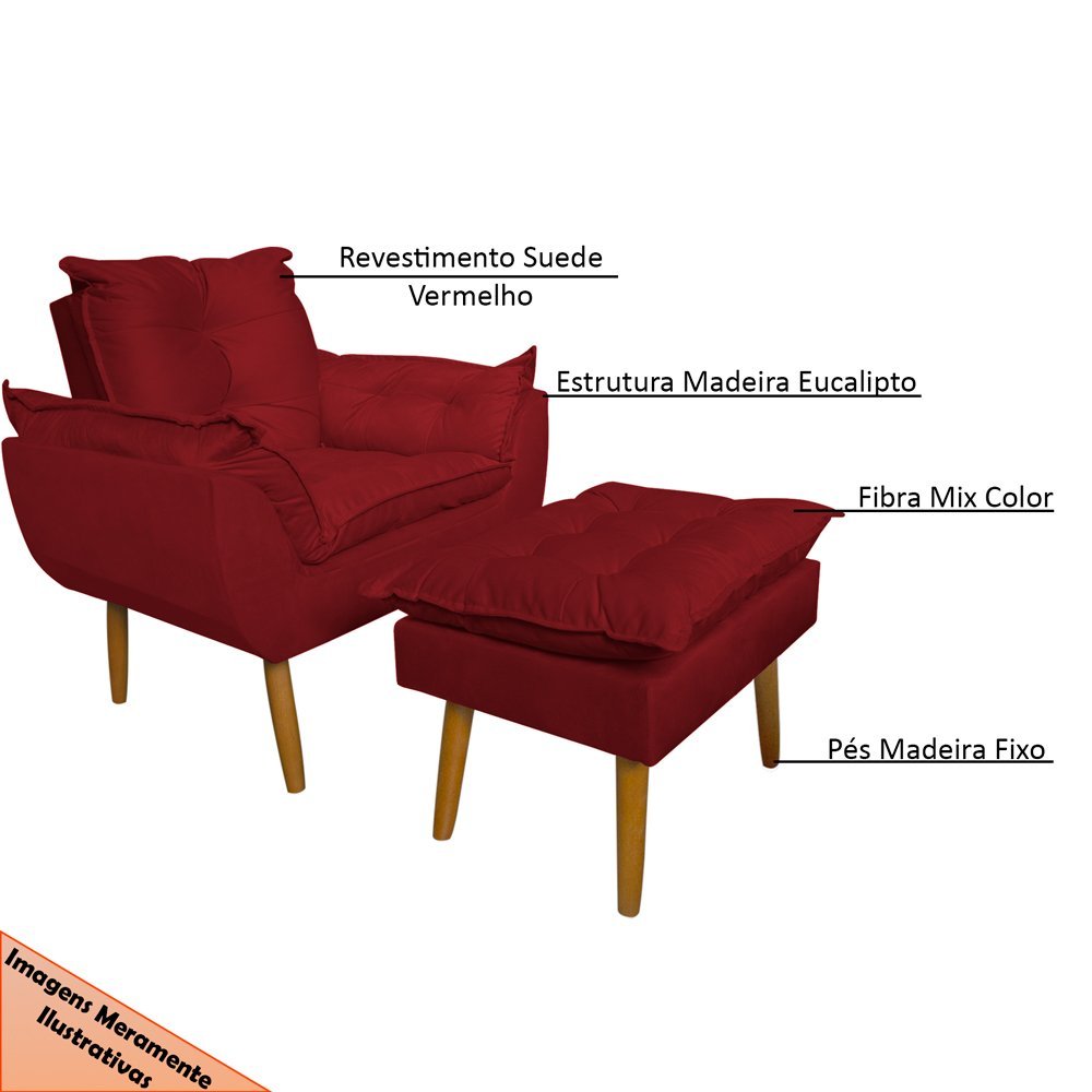 Conjunto Decorativo Poltrona com Puff Opala Suede Vermelho - Montanaris Decor MD MONTANARIS DECOR - 5