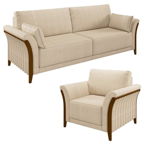 Kit Sofá Living 3 Lugares e Poltrona 102cm Pés Madeira Roya M22 Linho Champanhe - Mpozenato