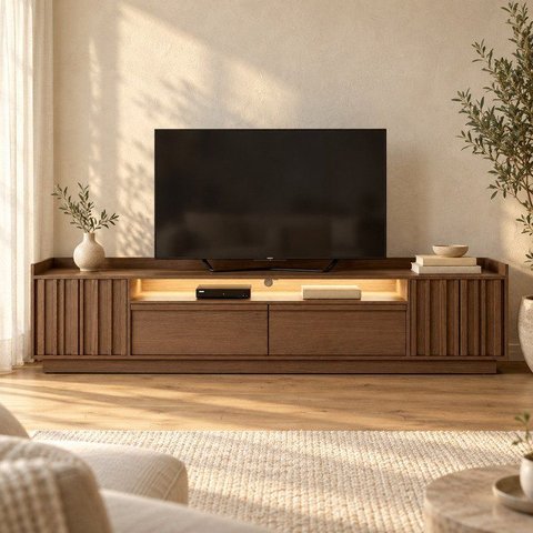 Rack 220cm com LED 02 Portas e 02 Gavetas Seringal CabeCasa MadeiraOriginals