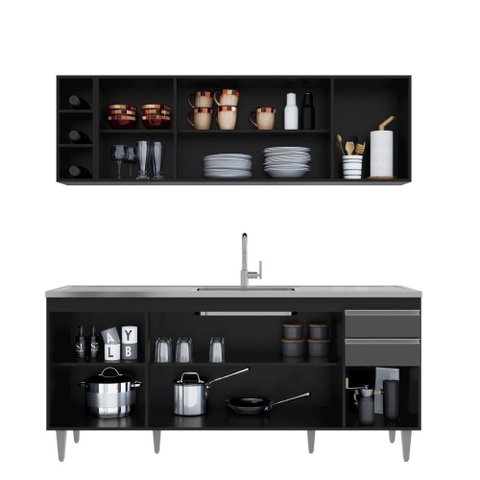Cozinha Compacta Ágatha 180cm 8 Portas 2 Gavetas Preto Grafite Maderatto Móveis