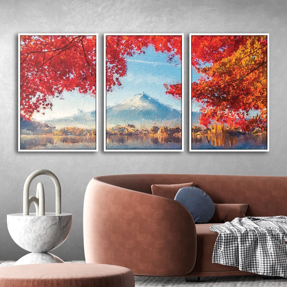 Quadros Premium Textura CXAlta Monte Fuji Outono 40x60 3Un - Moldura Branca - 5