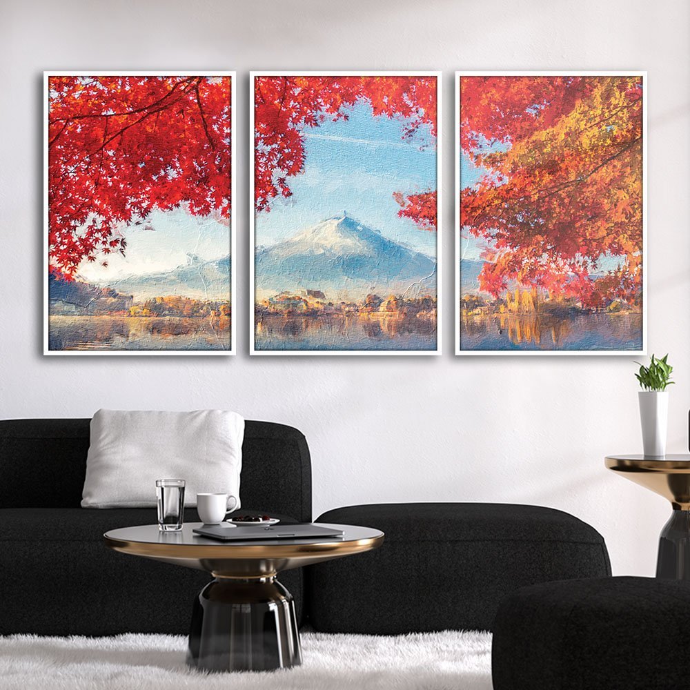 Quadros Premium Textura CXAlta Monte Fuji Outono 40x60 3Un - Moldura Branca - 4