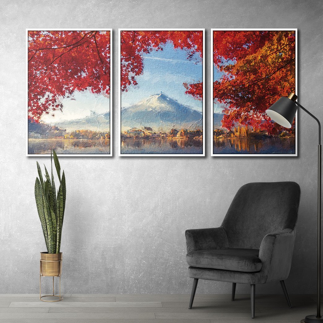 Quadros Premium Textura CXAlta Monte Fuji Outono 40x60 3Un - Moldura Branca - 3