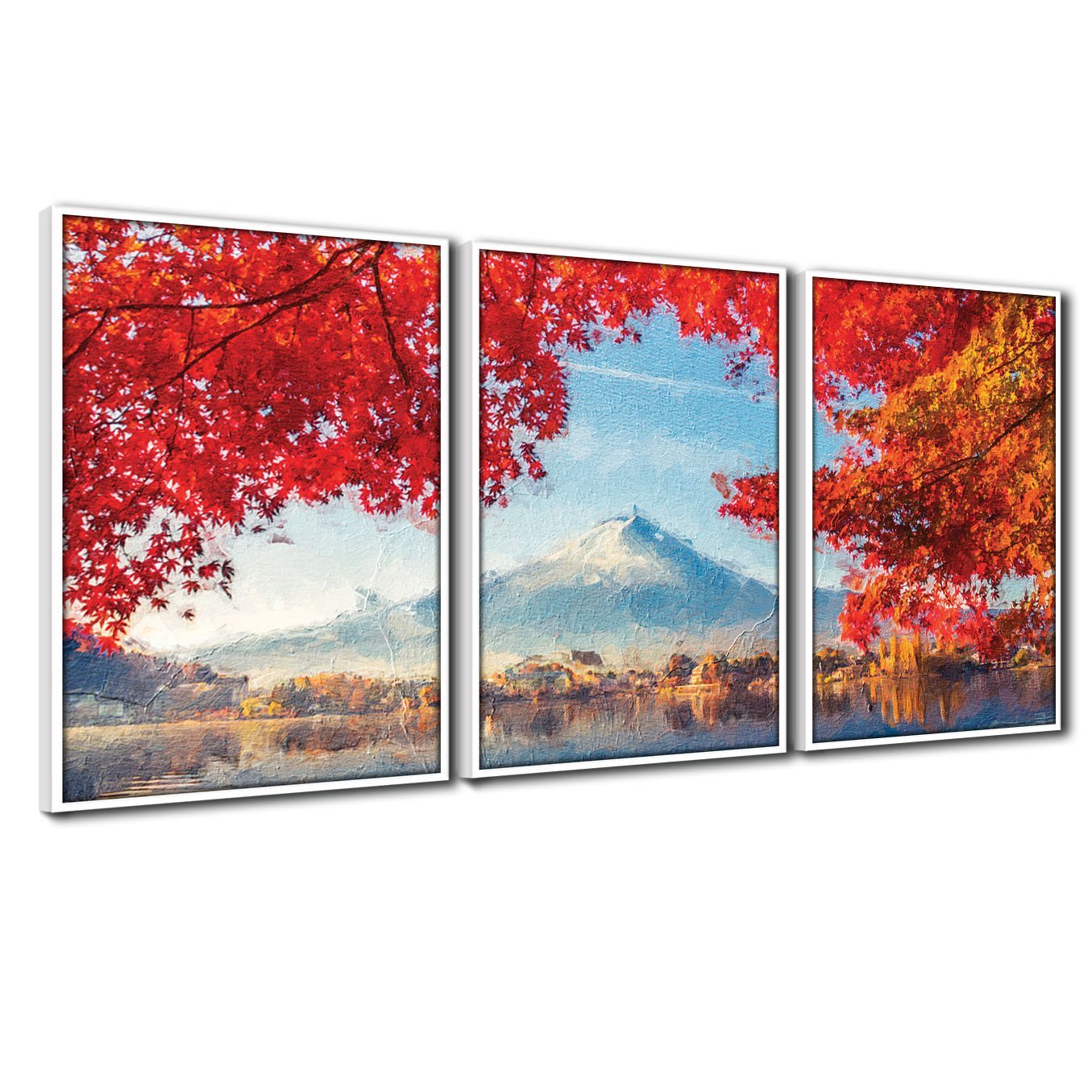 Quadros Premium Textura CXAlta Monte Fuji Outono 40x60 3Un - Moldura Branca