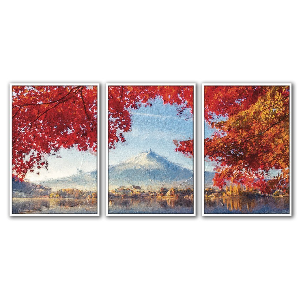 Quadros Premium Textura CXAlta Monte Fuji Outono 40x60 3Un - Moldura Branca - 2