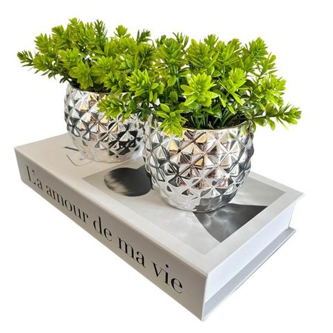 Decoração sala livro fake + dupla vaso cachepô prateado
