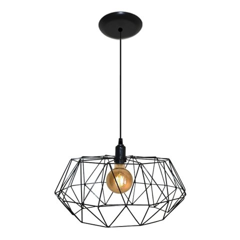 Lustre Luminária Pendente Aramado Modelo Estádio 40cm - Ideal para Mesa de Jantar - Preto