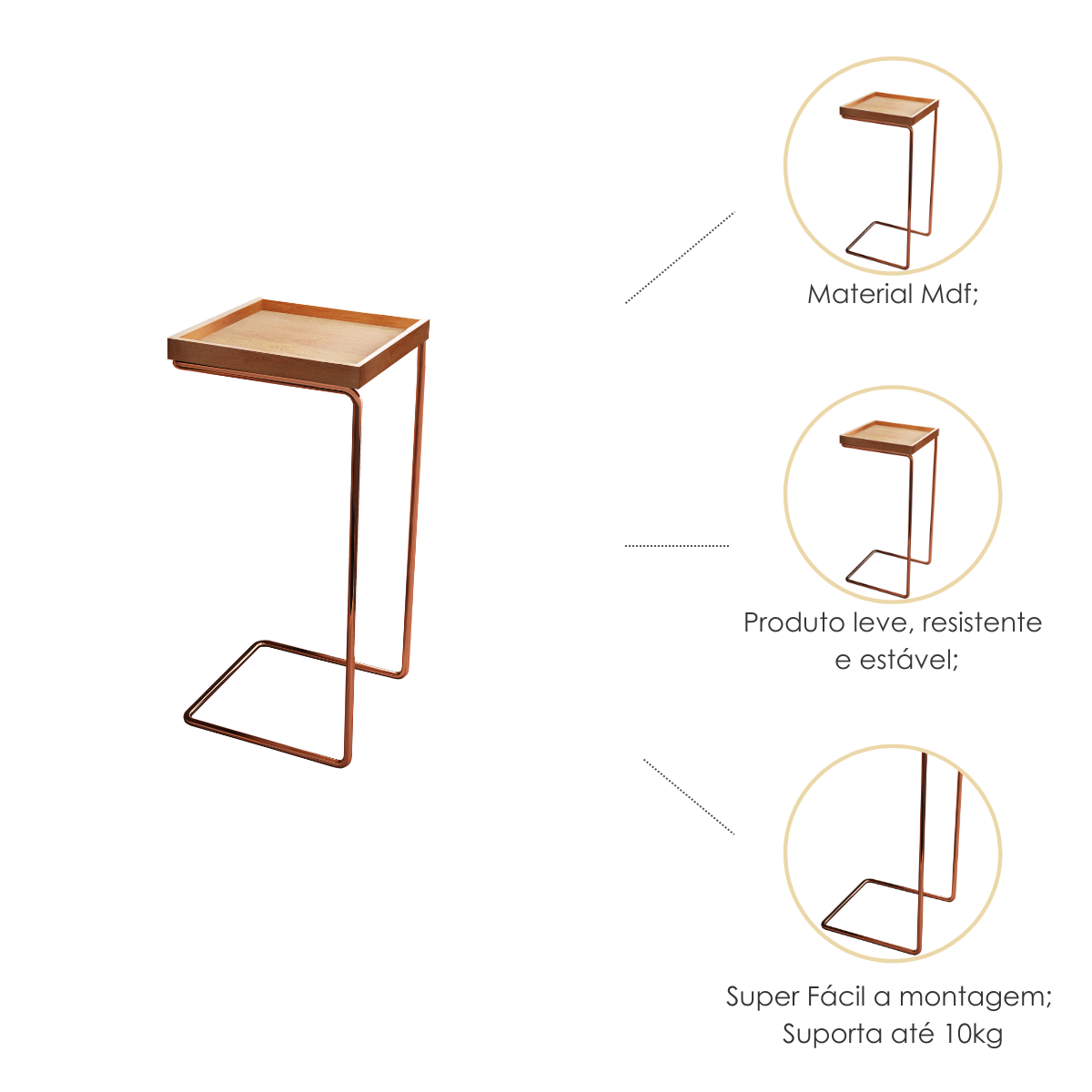 Mesa de Apoio Lateral para Sofá Anny Base em Metal Cobre Tampo Mel - 2