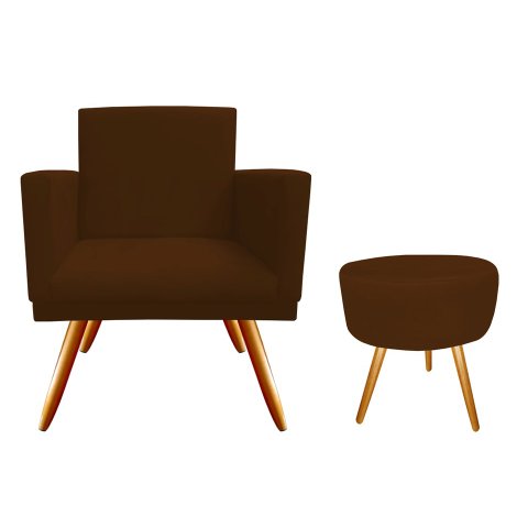 Kit Poltrona Decorativa Bia + Puff Redondo Suede Marrom Pés Madeira Ms Decor