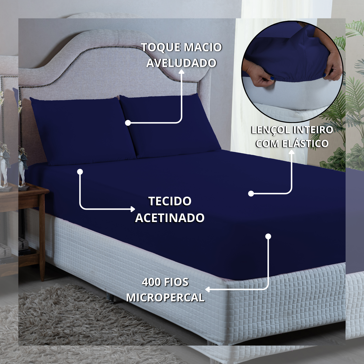 Kit Lençol Casal 4 Peças 400 Fios Toque Aveludado com Elástico Fronhas e Virol:azul Marinho - 6