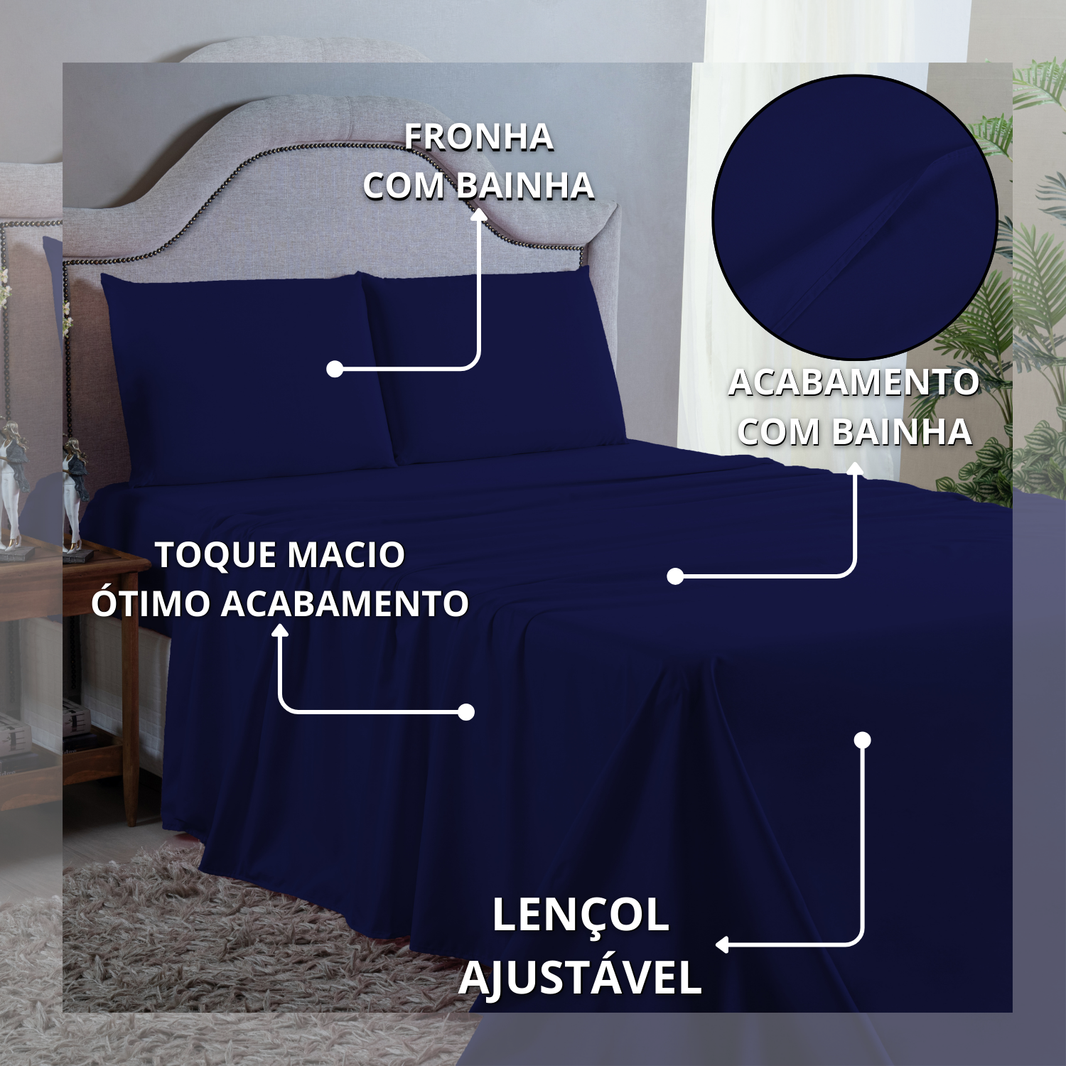 Kit Lençol Casal 4 Peças 400 Fios Toque Aveludado com Elástico Fronhas e Virol:azul Marinho - 5