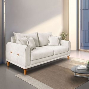 Sofá Living 3 Lugares Bouclê Branco 2.20m Pés em Madeira Bz Home Decor
