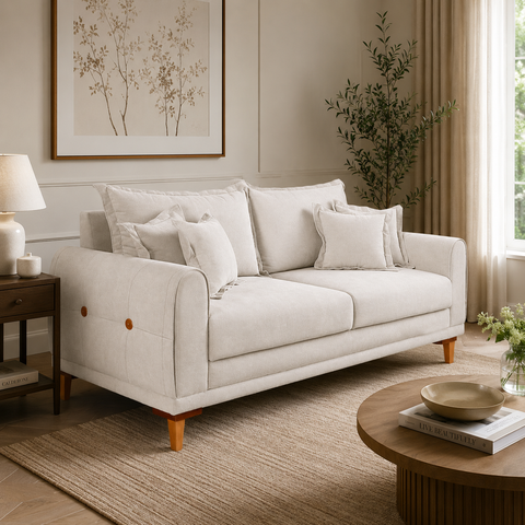 Sofá Living 3 Lugares Bouclê Branco 2.20m Pés em Madeira Bz Home Decor