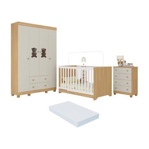 Quarto de Bebê Completo Berço Americano 3 em 1 Colchão Fofura Multimóveis Mp4665 Madeirado/off