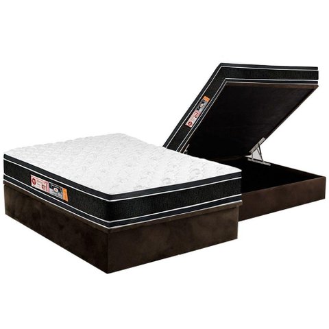 Cama Box Baú Casal: Colchão Espuma Castor D33 Black e White Air Euro Pillow + Base CRC Suede Brown(1