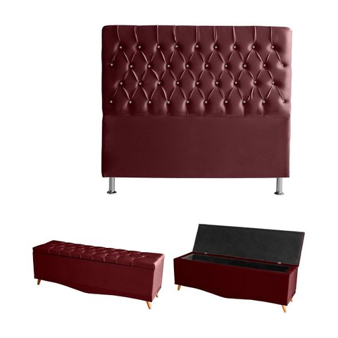 Kit Estrela Cabeceira de Cama Box e Calçadeira Baú Pés Palito Botão Cristal Casal 140 Cm Suede Bordo