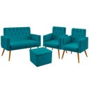 Ver imagem 1 de Kit Poltrona Namoradeira e 2 Poltronas Vega Capitonê com Puff Quasar Suede Azul Turquesa Aradecor