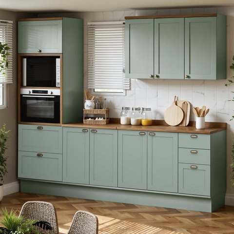 Cozinha Completa Modulada 4 Peças 100% MDF com Tampos Iluminata Verde/Mint/Ébano