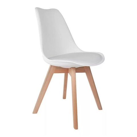 Cadeira de Jantar Saarinen Leda Tulipa Base Wood Madeira Maciça com Estofado em Couro Branco