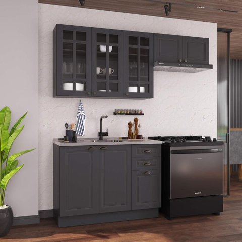 Armário de Cozinha Modulada Compacta Fidelitá Nara 100% MDF 3 Peças 200cm 8 Portas 2 Gavetas sem