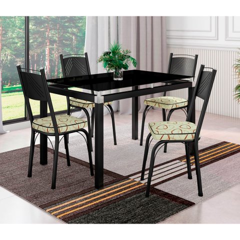 Conjunto De Mesa Malva Com 4 Cadeiras Tampo De Vidro 107cm SF Preto Fosco Assento Cedro Artefamol 12